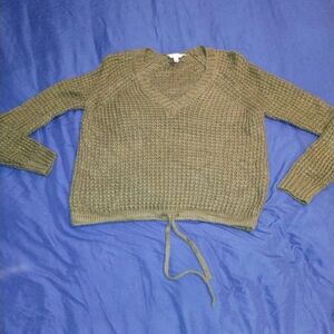 Olive V-Neck Knit Sweater with Drawstring